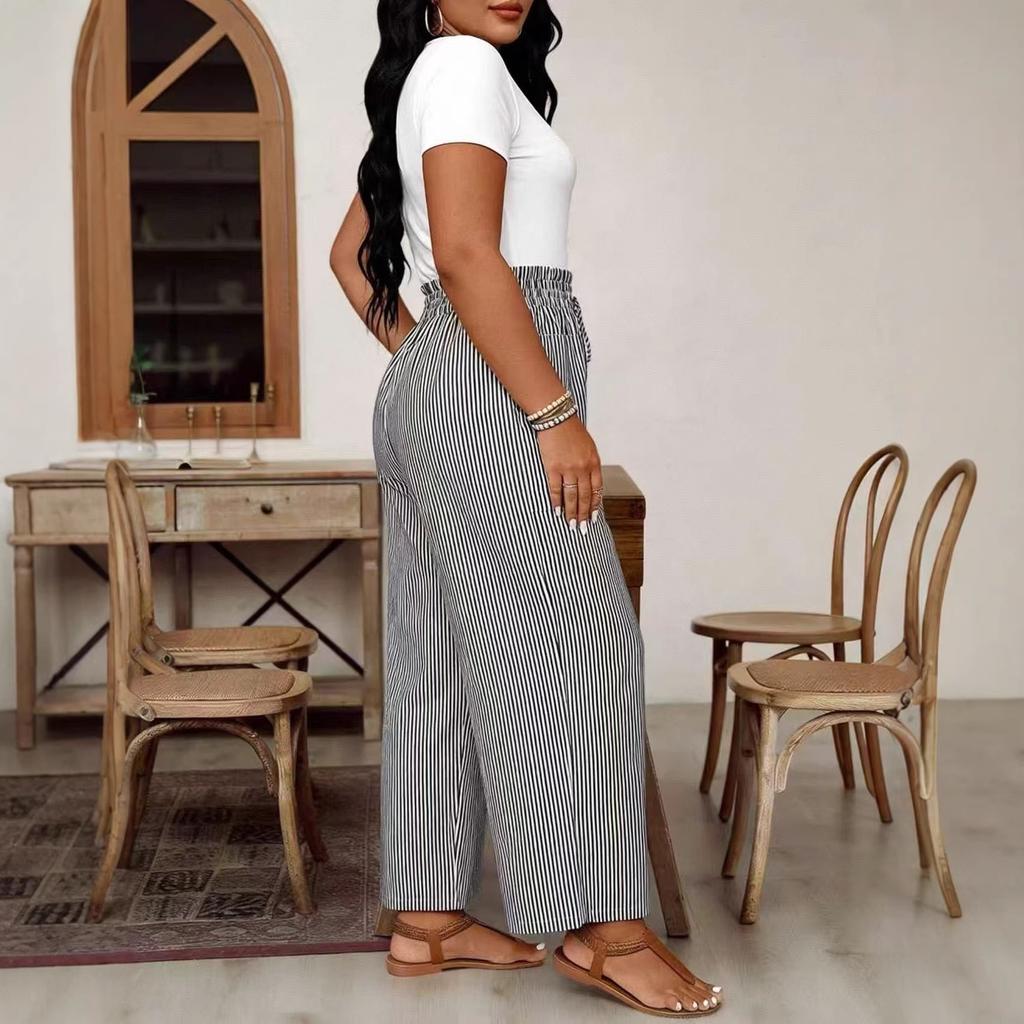 women's Plus Size High Waist Drawstring Striped Wide Leg Pants Casual Pocket Long Trousers