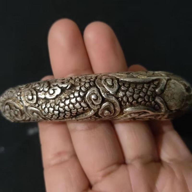 Exquisite Chinese Handmade Miao Silver Carving Dragon Spit Bead Open Bracelet Ethnic Style Zodiac Hollow Round Men's And Women's