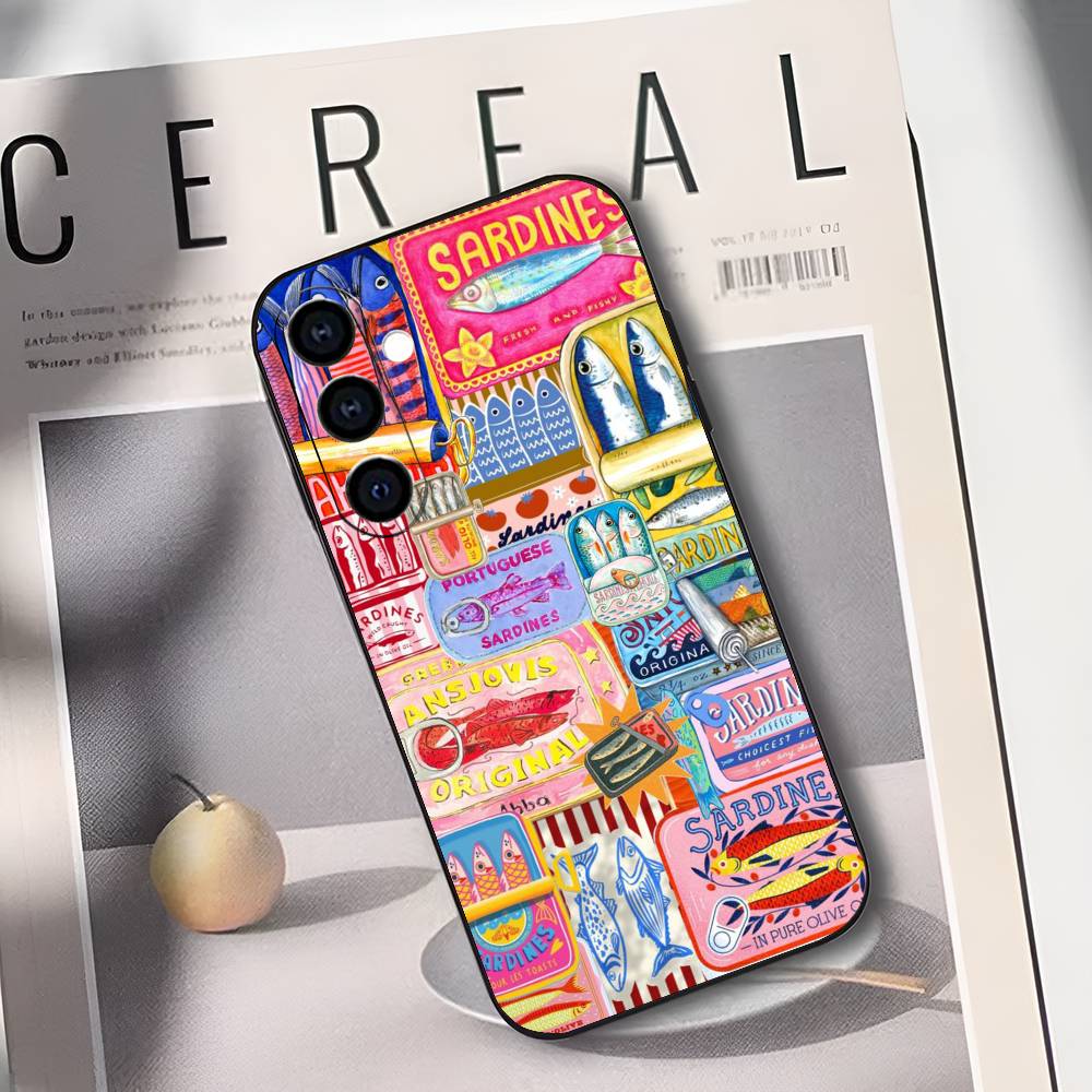 Sardines Fish Art Canned Food Phone Case For Samsung Galaxy A73,A72,A71,A70,A53,A52,A51,Soft Silicone Black Cover