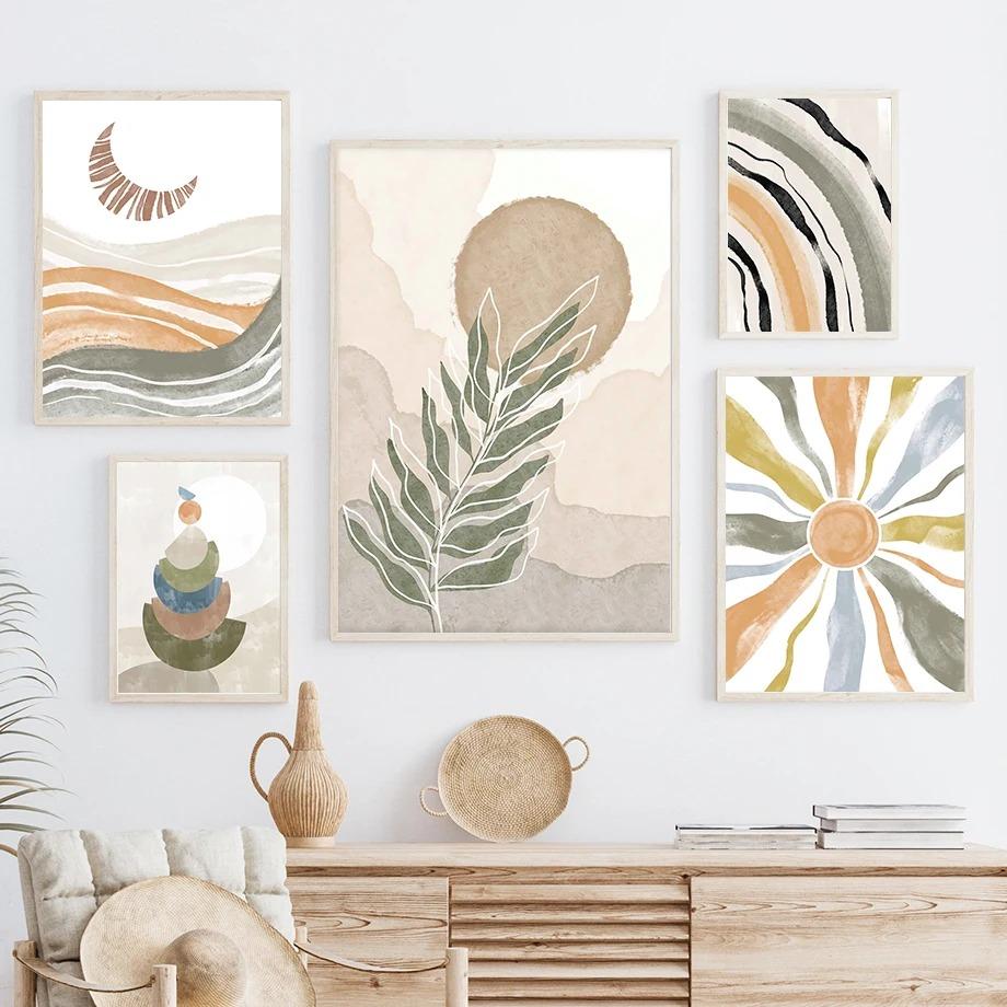 Bohemia Sun Rainbow Flowers Leaves Abstract Landscape Posters and Prints Wall Art Canvas Painting Pictures for Living Room Decor