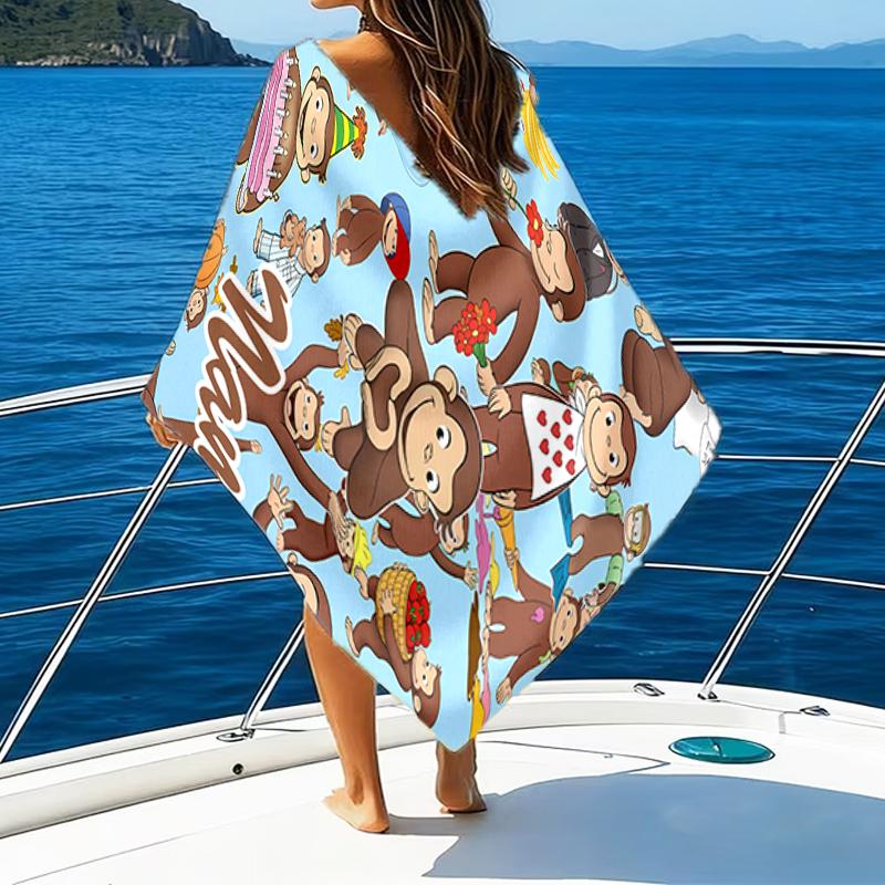 1pc Curious George2 Beach Towel with Custom Name, Beach/Swimming/Bath/Picnic/Camping Towel, Suitable for Seaside Beaches