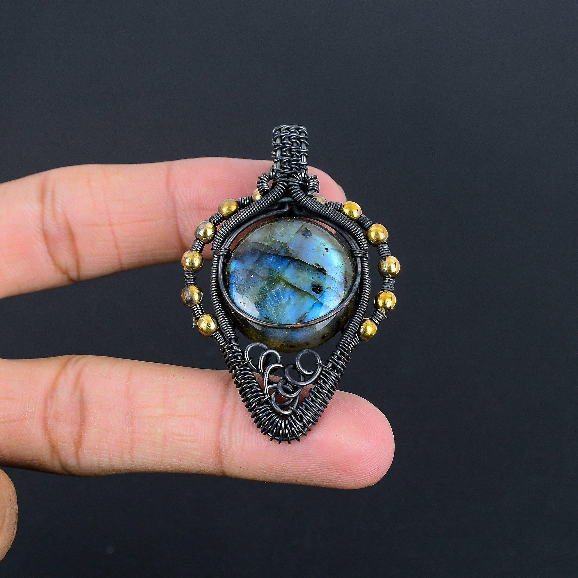 

Подвеска из лабрадорита, Подвеска ручной работы, обернутая медной проволокой 999 пробы, Антикварное украшение, Для подарка, Серебряное украшение 2.58 Inches