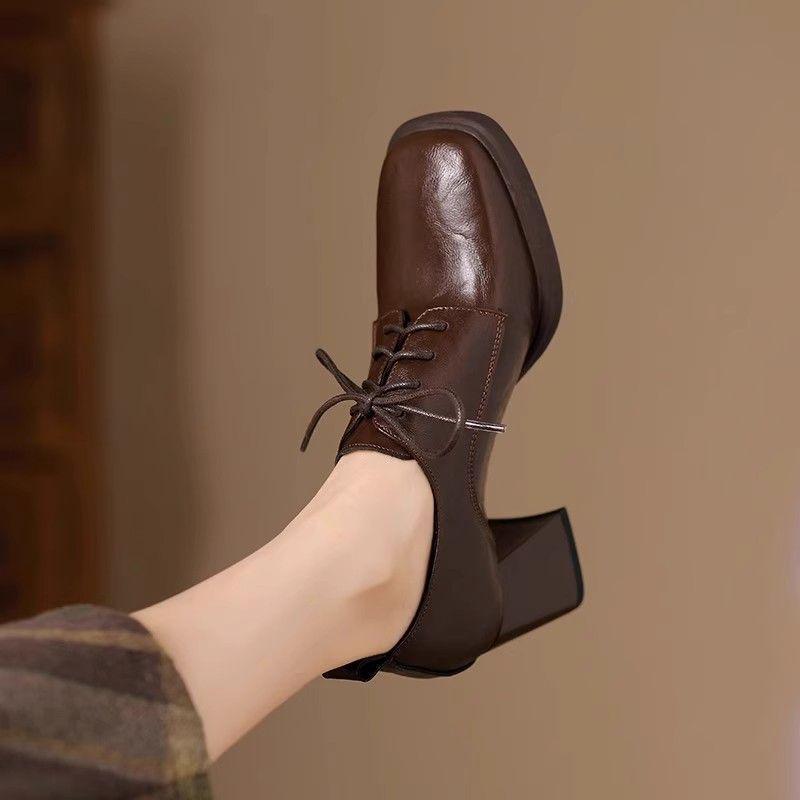 Women's 2025 Retro Square Toe Lace-Up Leather High Heels - 6cm British Style
