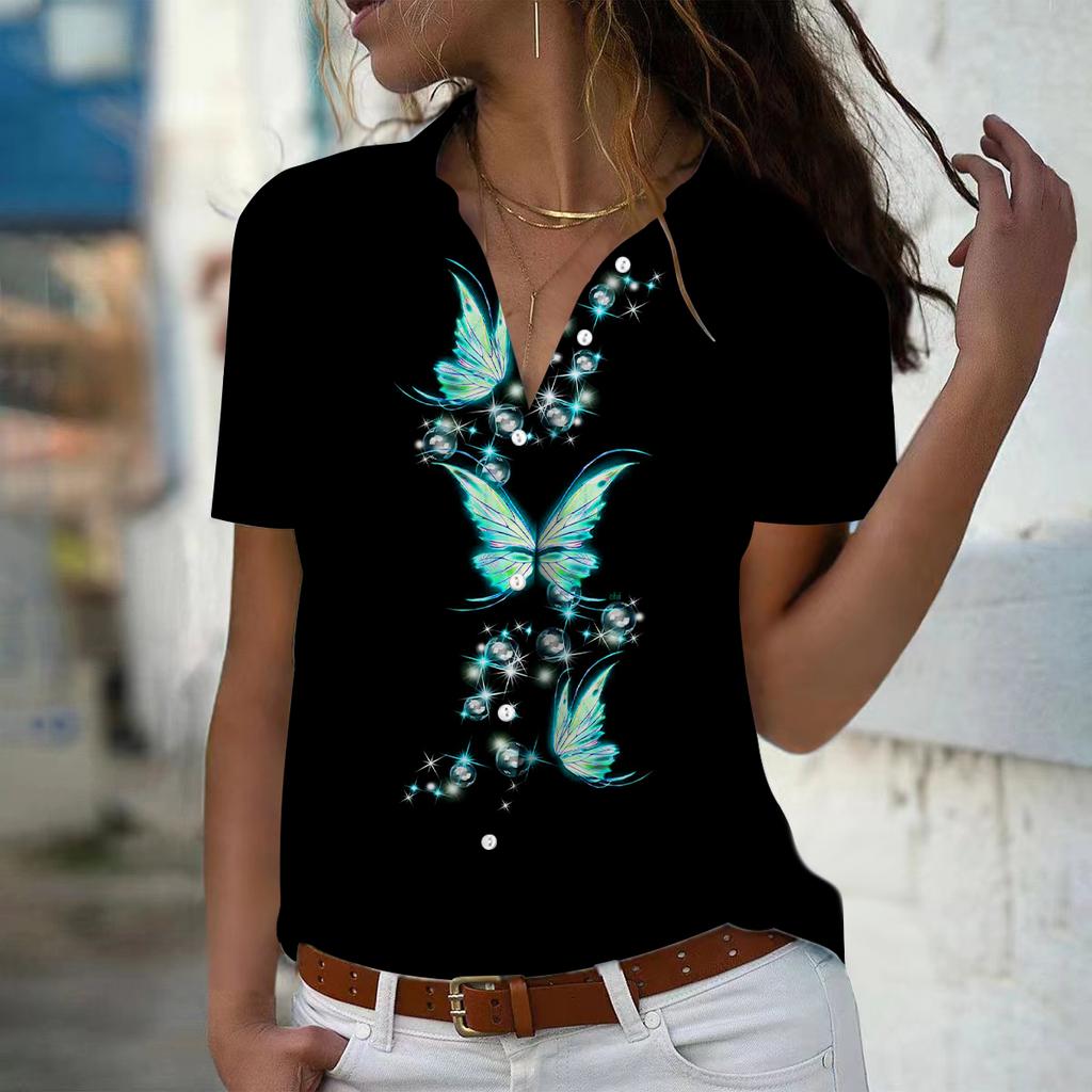 2025 Summer New Fashion Women's Butterfly Printed Short Sleeve V-neck Casual Button-down Shirt Top