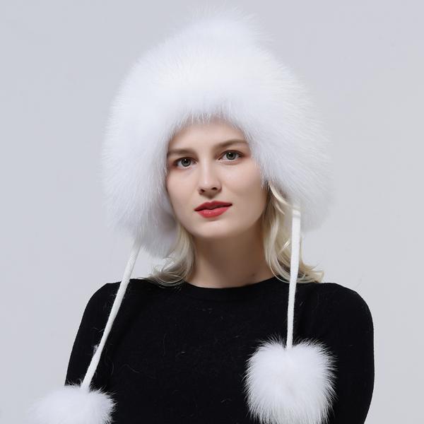 

Женские зимние шапки с помпоном, с ушками, шапка-бомбер, русская ушанка, розовая пушистая шапка-ушанка из натурального лисьего меха, вязаная теплая шапка для молодой девушки One Size белый