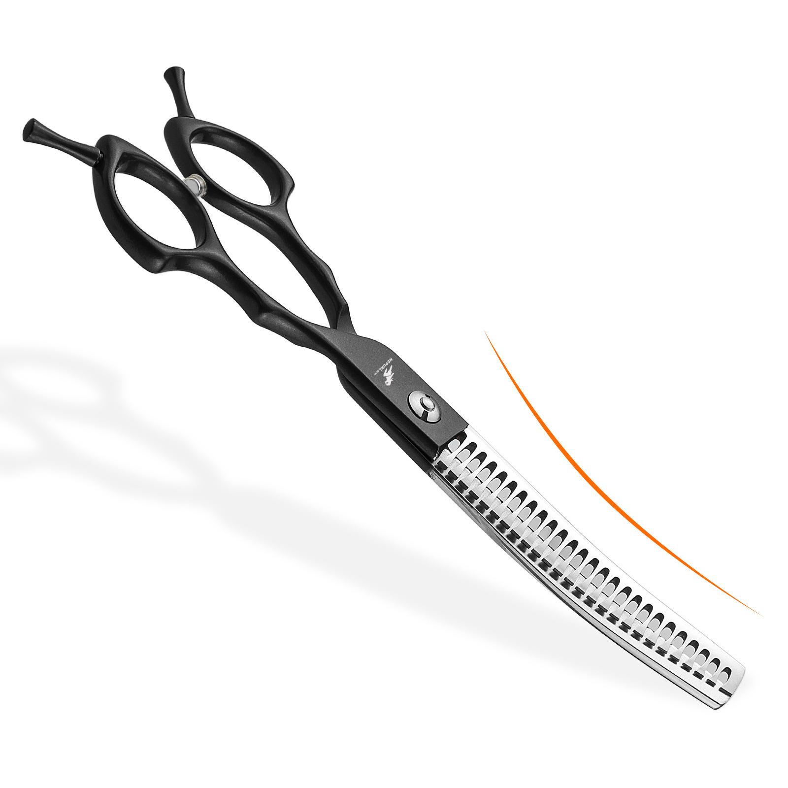 6.5-Inch Meideng Handle, Semi-Black Fishbone Curved Tooth Scissors, Curved Scissors, Pet Trimming Scissors, Thin Scissors, Curved Teeth. 6.5inch half black fishbone curved teeth