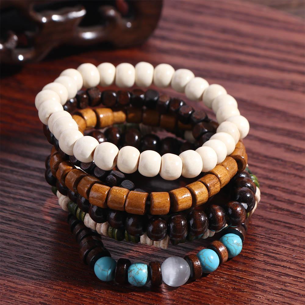 5/6 Pcs/set Ethnic Style Bead Bracelet Set Wood Hand Ring Retro Men Bracelets  Girls