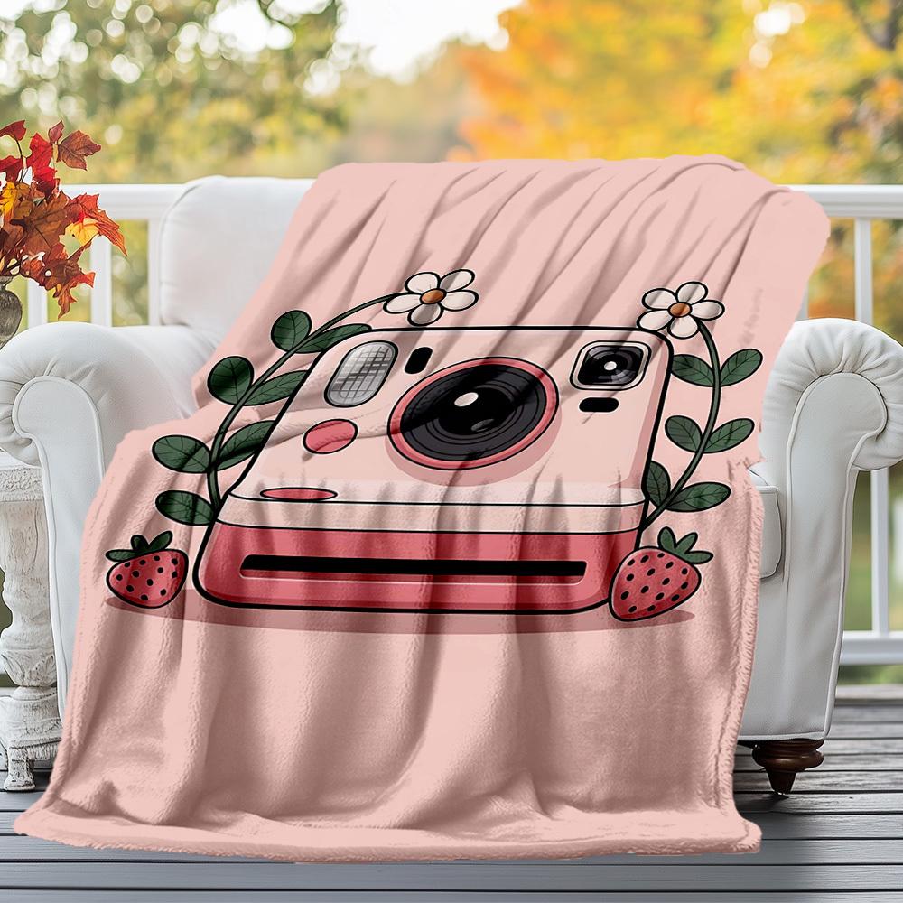 1pc Camera Strawberry Outdoor Flannel Blanket Soft Warm All-Season Throw for Sofa Bed Car Camping Office, Cozy Gift Idea1197S