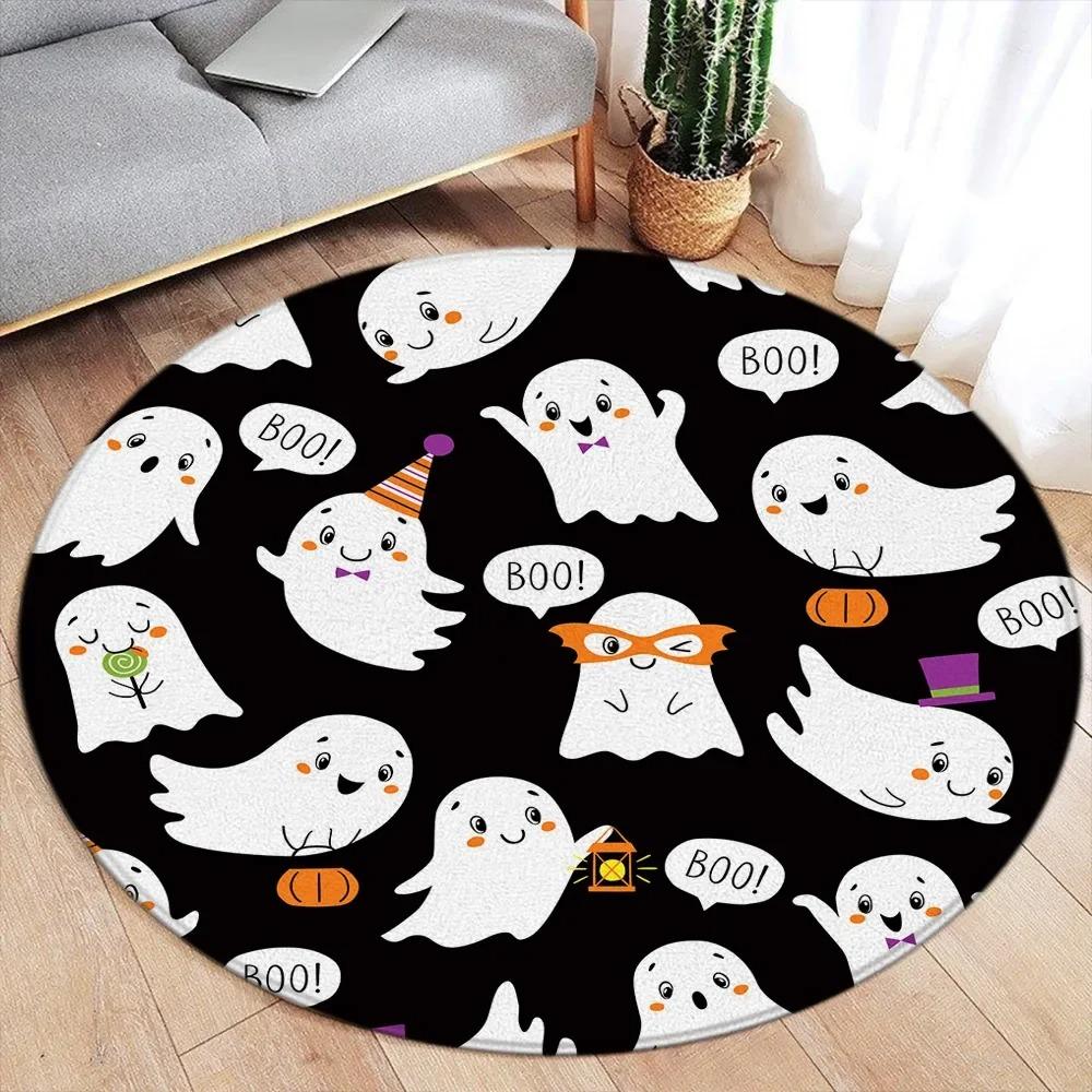 Halloween Themed Round Door Mat with Ghost Pumpkin Cat Skull Patterns Floor Mat for Home Decor Adding Festive Spooky Atmosphere