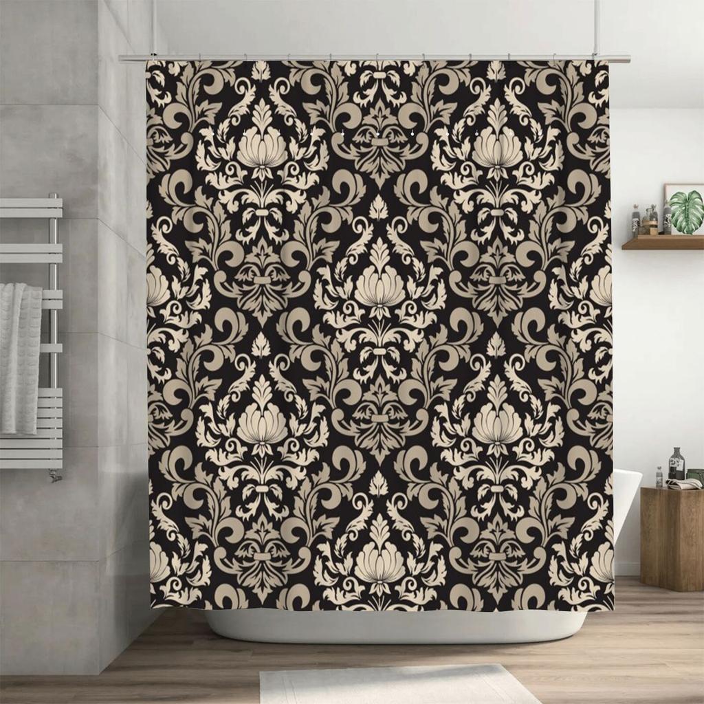 Vintage Damast Duschvorhang Schwarz Creme Luxus Badezimmerdekoration für Zuhause Badezimmer 72 x 84 Zoll (183 x 213 cm) Waschbar Wasserdicht