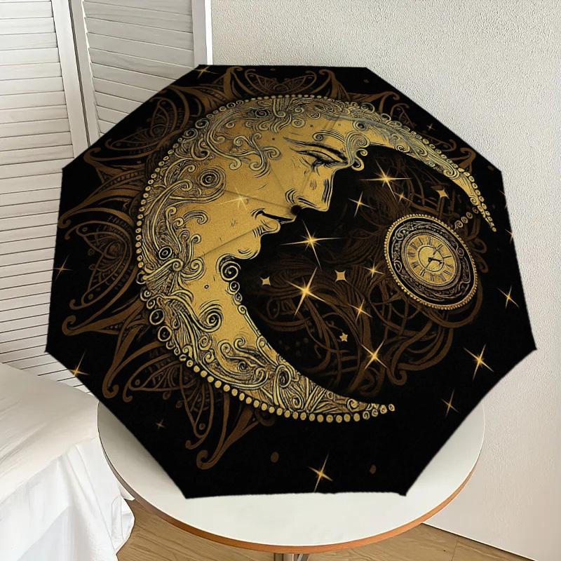 1PC Moon, Clock Pattern Small Travel Compact Windproof Umbrella, Automatic Folding Umbrella, Automatic Open/Close ,Gift-173