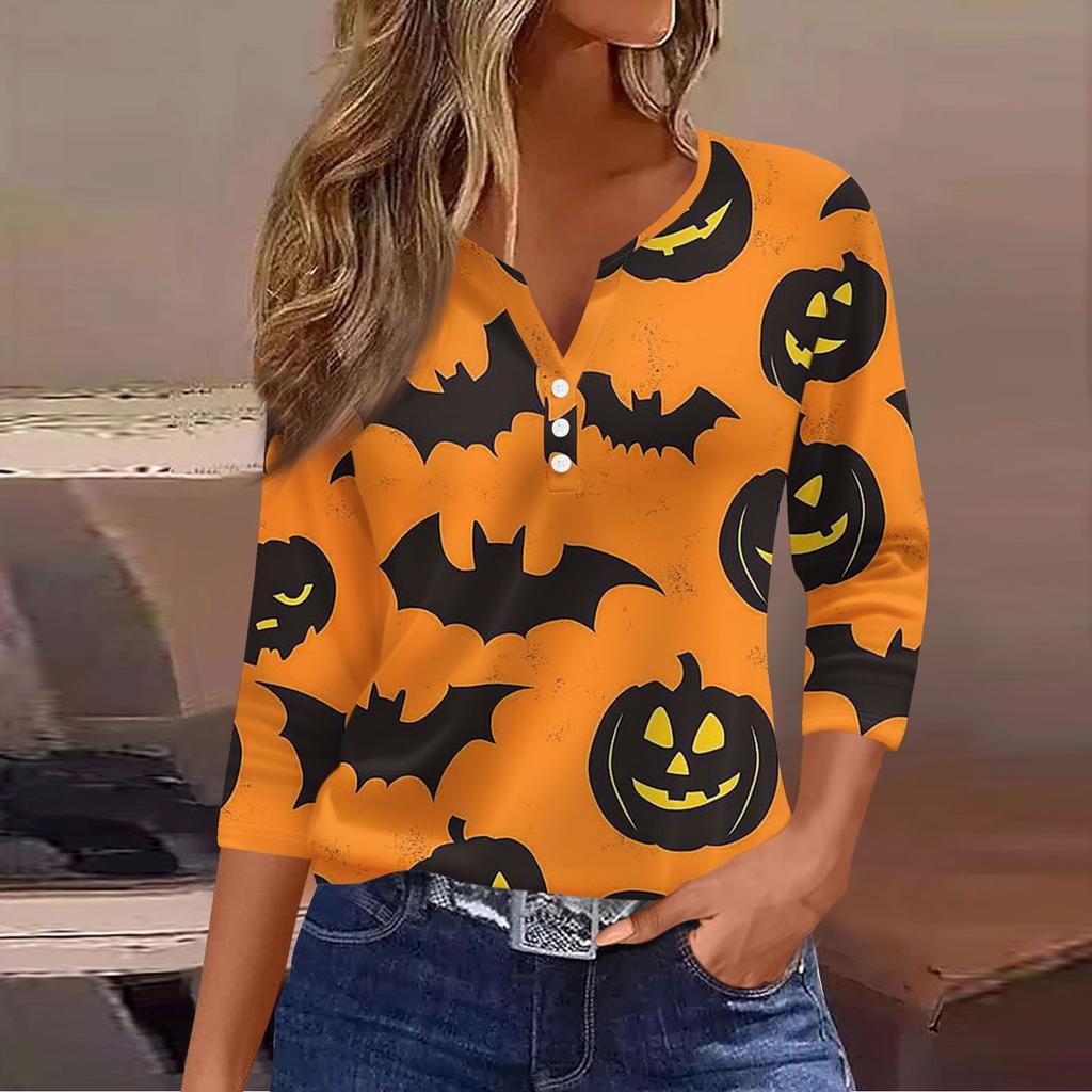 Women's Casual Fashion V-neck Loose Versatile Halloween Print Three-quarter Sleeve Top