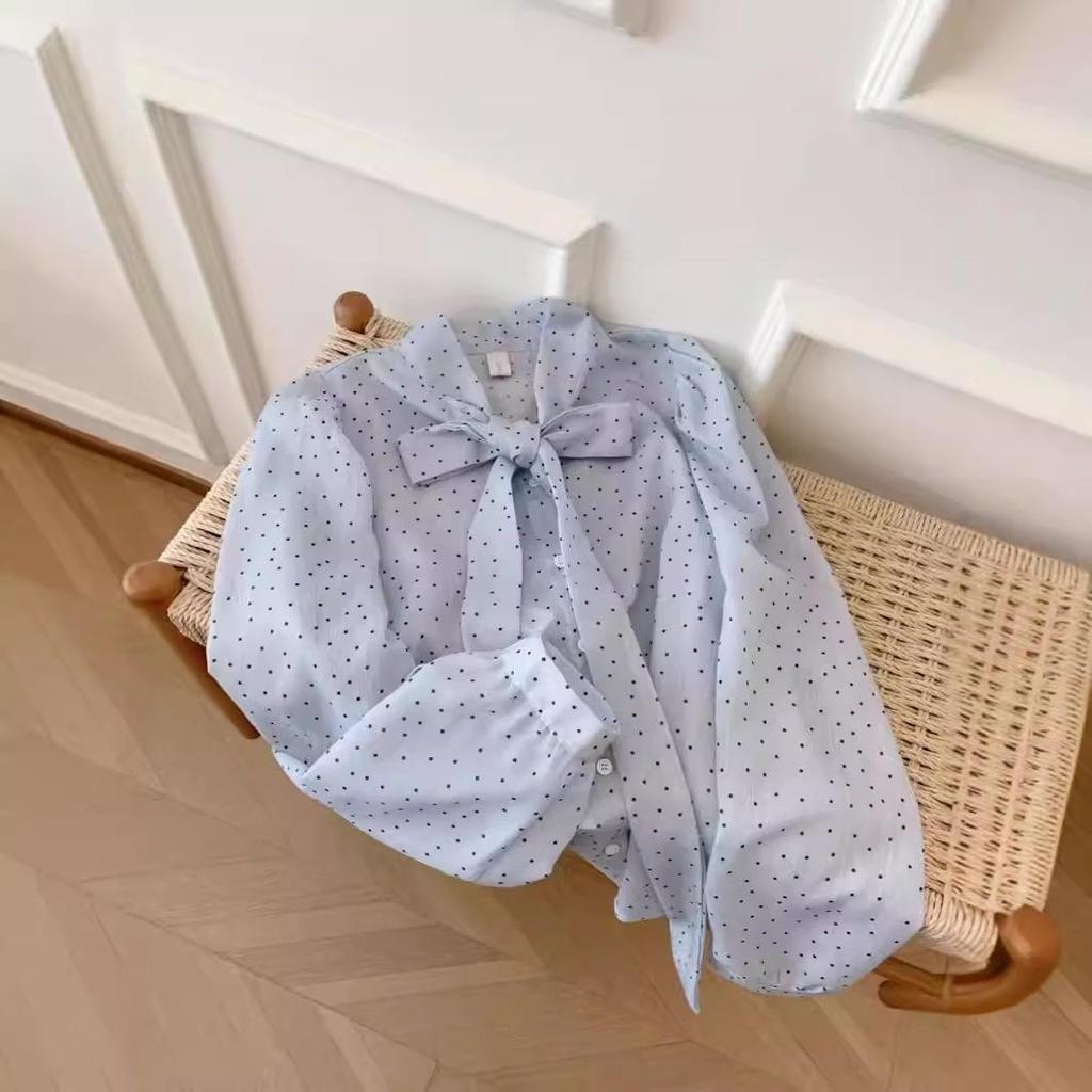 Women's Summer Chiffon Sun Protection Shirt with Blue Polka Dot Bow Design