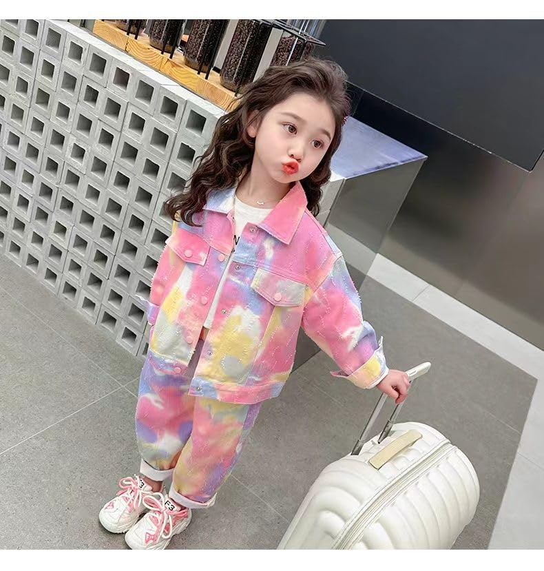 Îmbrăcăminte Denim Fete Set 2 Piese Set Copii Top Jersey și Pantaloni Fete Pantaloni Lungi Jachetă Denim Costum Dans Mânecă Lungă Tie Dye Hip Hop Larg