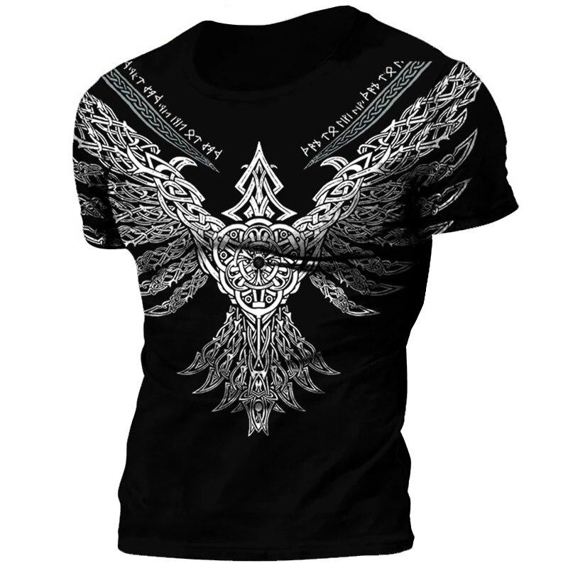 Retro Viking Tattoo 3D Print Men's T-shirts Summer Viking Odin Crew Neck Loose Short Sleeve Casual Tops Tees Oversized T Shirts