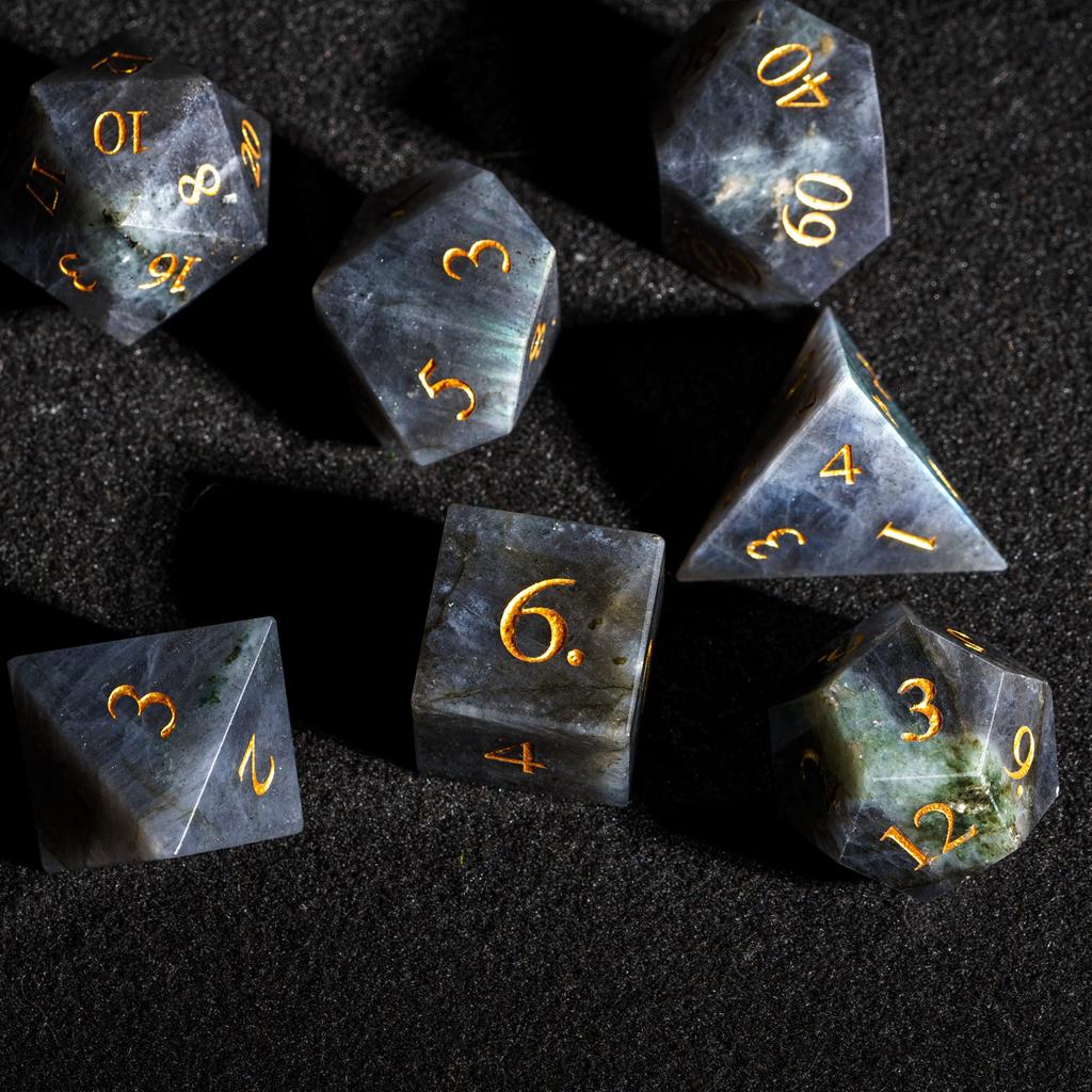Cusdie Labradorite DND Dice Handmade 16mm D4-D20 Polyhedral Dice Set with Leather box Gemstone Dices for Collection Tabletop RPG