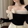 Coquette Off Shoulder Black T-shirts Women Korean Style Chic Bow Brown Long Sleeve Tees Sweet Sexy Patchwork Slim Tops