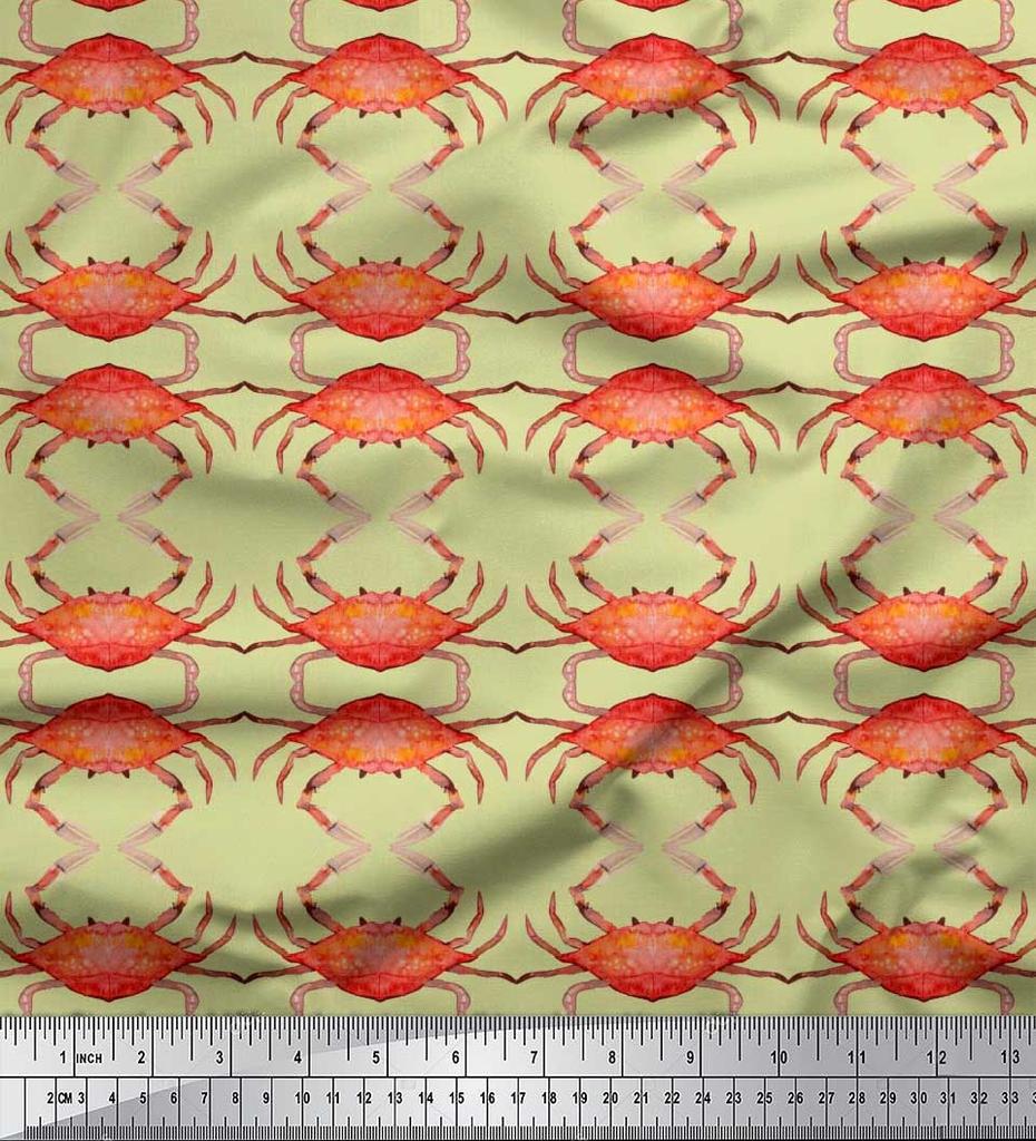 Soimoi Beige Japan Crepe Satin Fabric Crabs Ocean Print Fabric by the metre 42 Inch