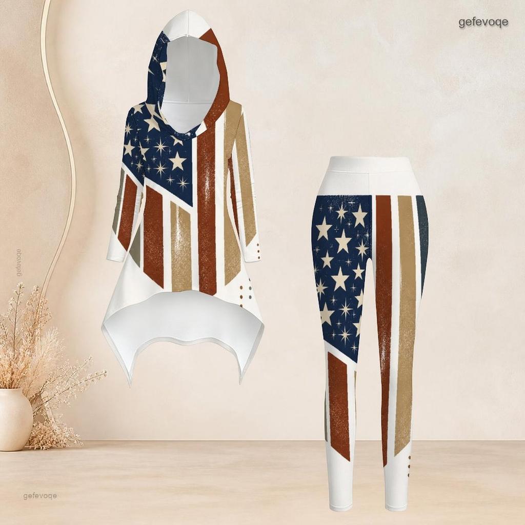 Women Plus Size Hooded Long Sleeve Printed High Low Top And Fitted Pants Two Piece Set