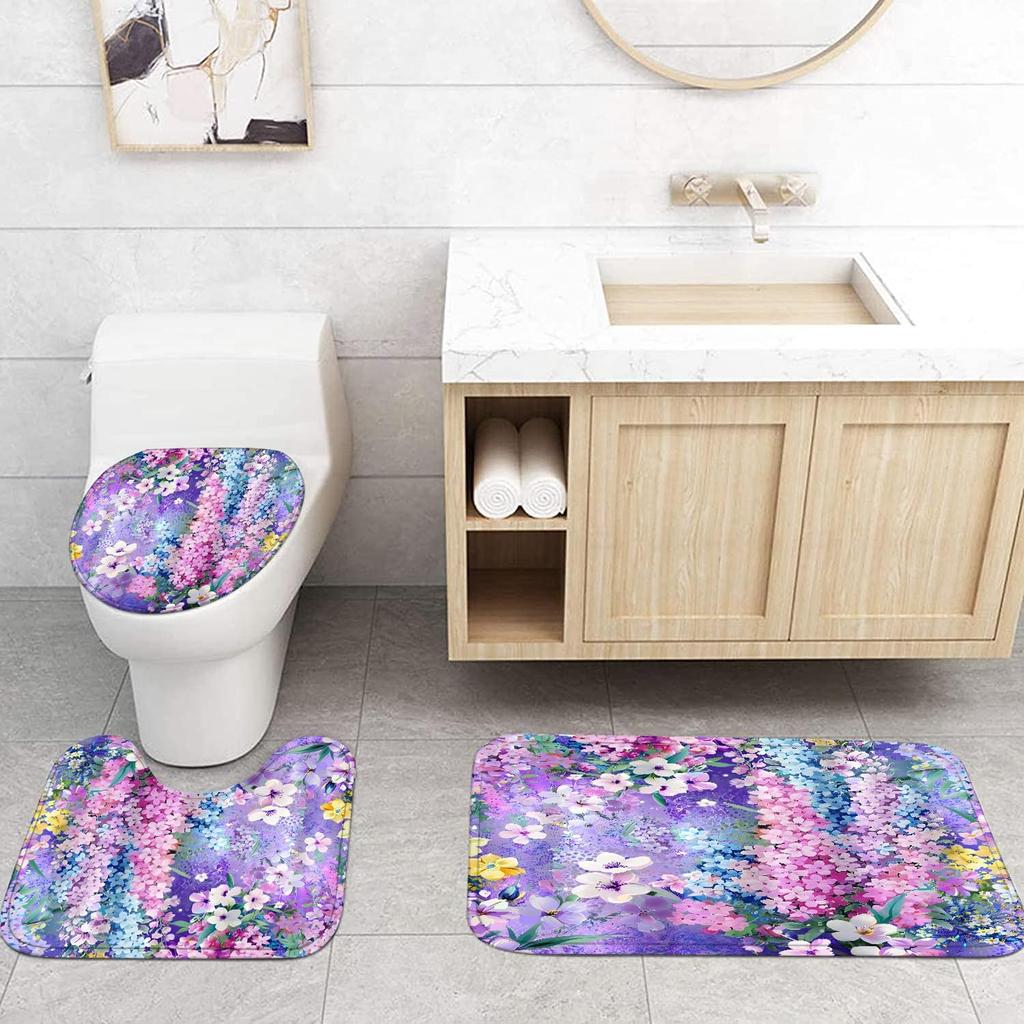 4-Piece Purple Floral Shower Curtain Cute Colorful Flower Bathroom Set with Shower Curtain and Rugs, Pretty Funky Watercolor Clo