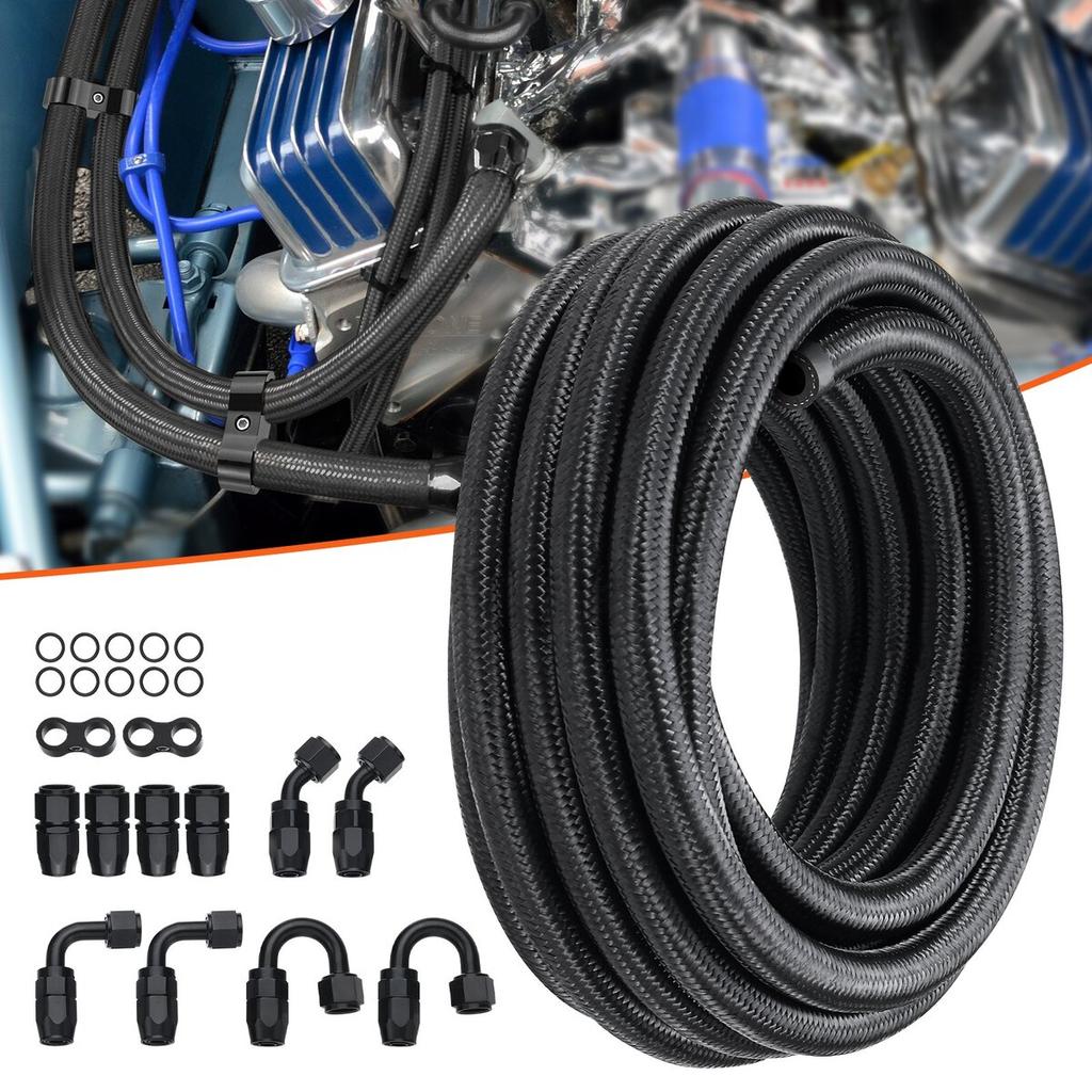 6AN Fuel Line Kit, 20 FT Fuel Hose Kit, 0.34" Nylon Stainless Steel Braided Fuel Line Oil/Gas/Diesel Hose End Fitting Kit, with 12 PCS Swivel Fitting