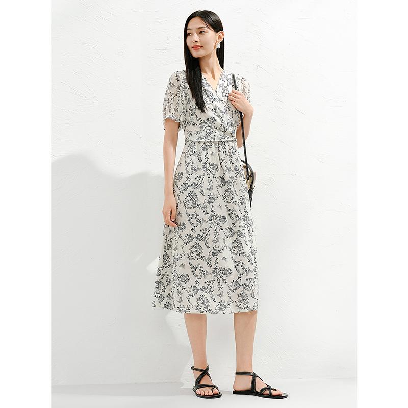 Jiuzi Anna Kou 100 Mulberry Silk Temperament Commuting Style Line Drawing Flower Dress for Women 2025 Summer New Style