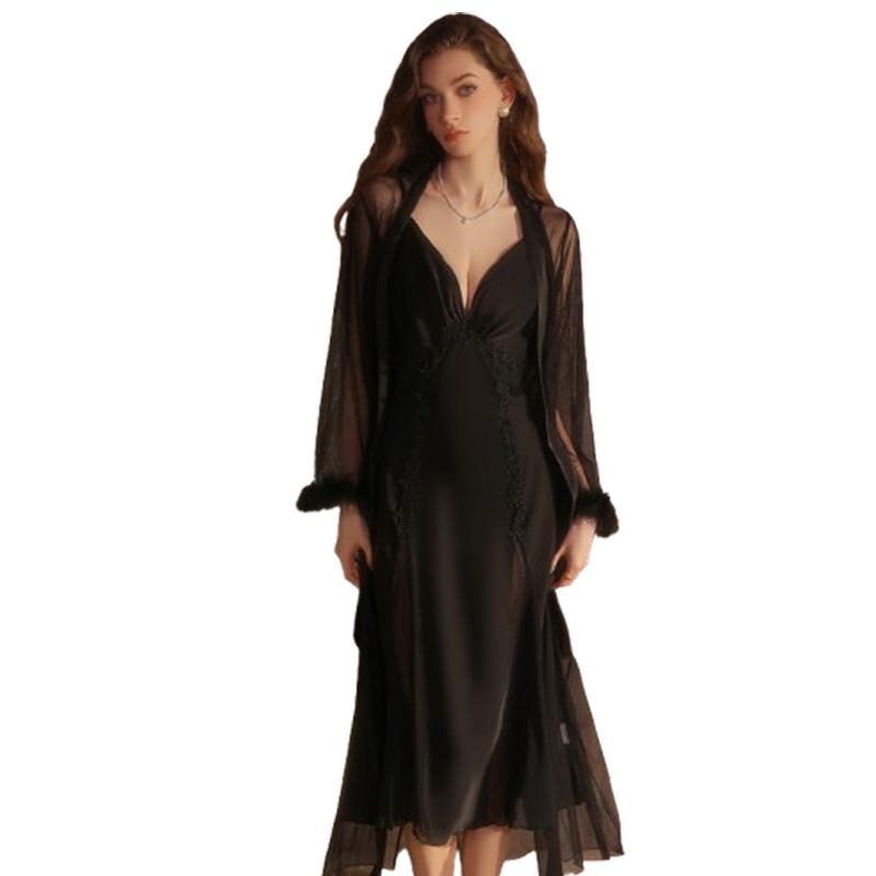 Women's Silky Sheer Mesh Deep V Low Cut Sleep Dress with Robe Lounge Set