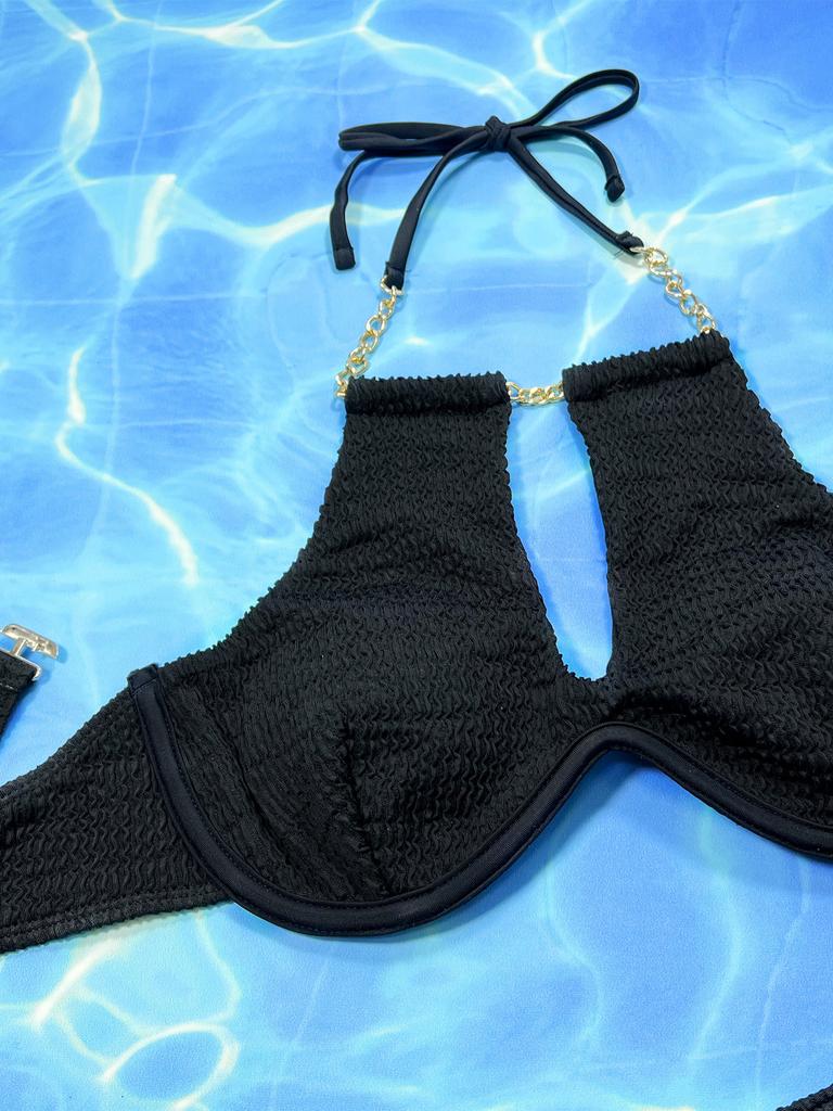 Women’s Fashion Black Metal Chain Tankini Bathing Suit Sexy Halter Backless Bikini Swimsuit, Two-Piece Swimwear