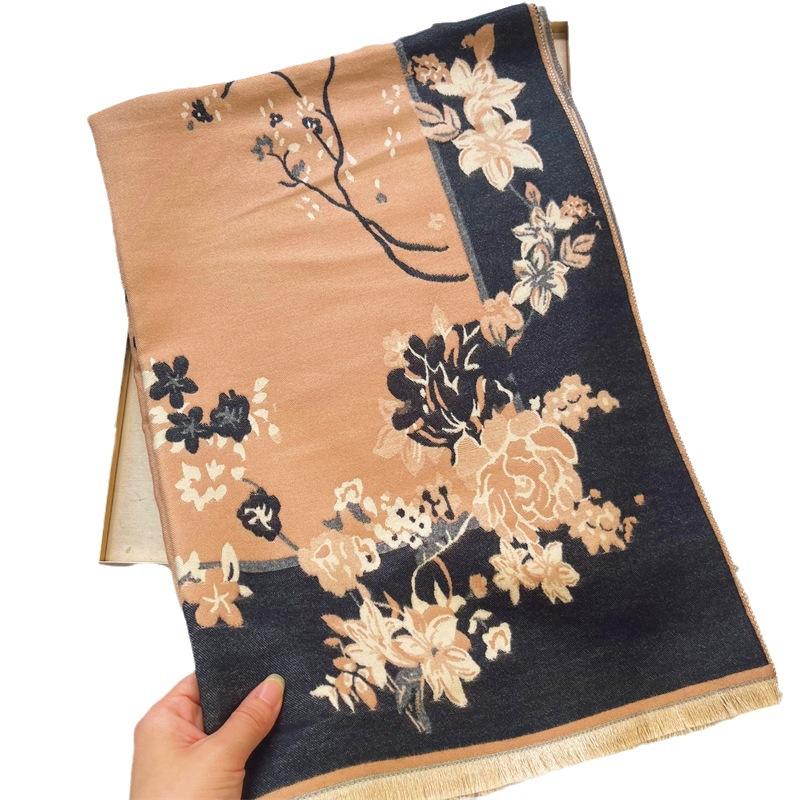 2024 Autumn/Winter New Color Blocked Imitation Cashmere Women'S Tassel Shawl Thickened Warm Double Sided Jacquard Wool Scarf