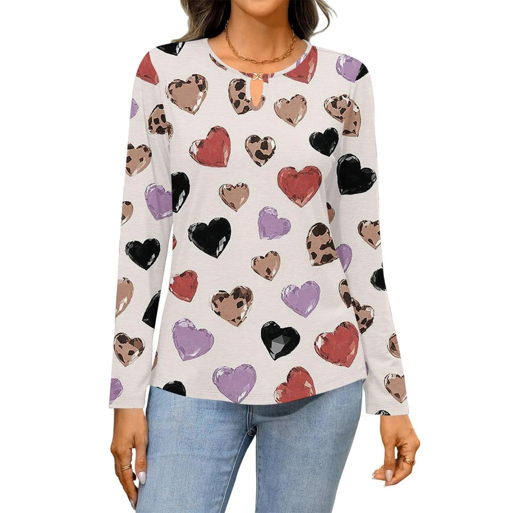 Women's Casual Round Neck Hollow,out Pullover Long Sleeve Valentine's Day Heart Print T,shirt Top