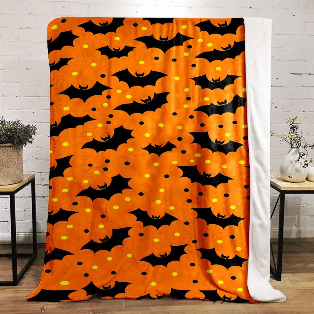 Halloween Orange Bat Pattern Patterned Flannel Blanket Perfect for the Bedroom Living Room, Sofa, or a Little Nap