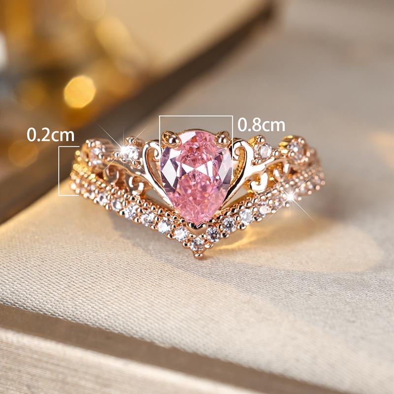 Exquisite Pink Water Drop Zircon Ring for Women Rose Gold Color Romantic Love Ring Eternity Bridal Jewelry