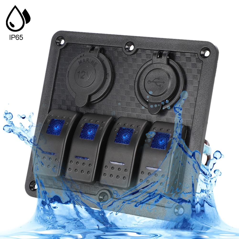 12V 24V 4 Gang Rocker Switch Panel IP65 Waterproof with Lighter Socket 2 USB for Car Boat