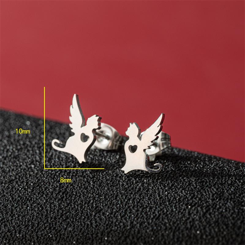 Japanese Style Stainless Steel Cat Ear Studs & Angel Wings Feather Earrings