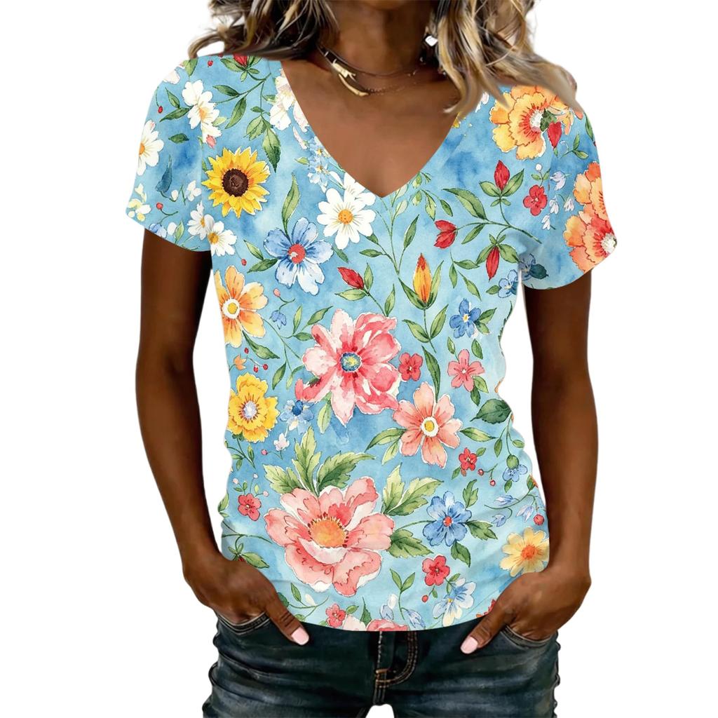 Women’s Casual V Neck Short Sleeve T Shirt Top with Floral Print Relaxed Fit Soft Lightweight Fabric for Everyday Wear