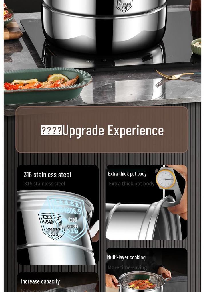 Visible Lid 316L Stainless Steel Steamer Pot with Extra Thick Anti-scalding Design and Double Three-Layer Steaming Basket