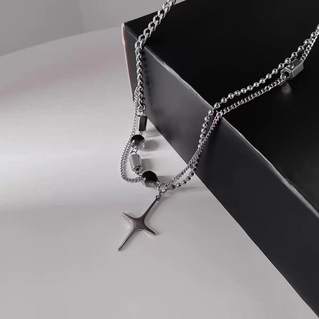Mangxing Beaded Splicing Double-layer Stacked Necklace Design Ins Cold Wind Hip-hop Collarbone Chain