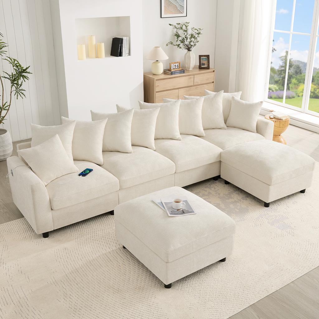 Modular U-/L-Shaped Sofa, 6-Seater, 2 Movable Footstools; USB/Type-C Charging; 8 Adjustable Cushions + 2 Decorative Cushions; Waffle Chenille, Beige