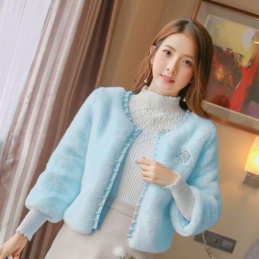 Autumn and Winter Clothing Fluffy Beaded Imitation Fur Jacket New Slim-fit Round Neck Lady Top Women's Coats
