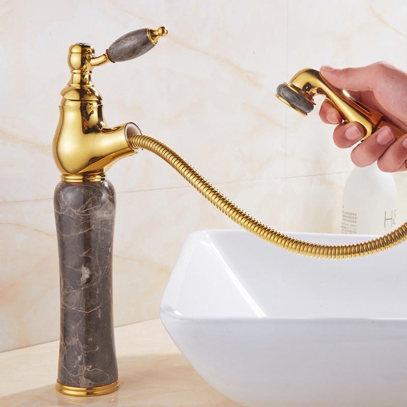 Rubinetto da Bagno Tuqiu Ottone Antico Giada Rubinetto per Lavabo da Bagno Miscelatore Acqua Calda e Fredda Rubinetto per Lavabo Montaggio a Ponte Rubinetto Estraibile