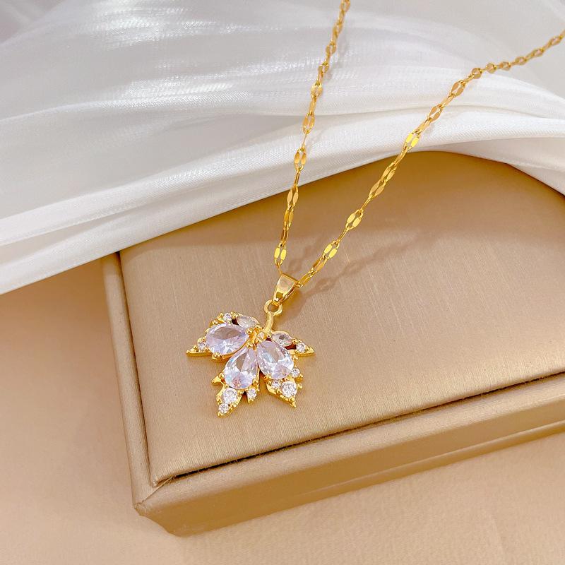 

Gorgeous White Maple Leaf Copper Zircon Pendant Women s Elegant Multifunctional Stainless Steel Chain Jewelry Wedding Gift 45cm золотистый