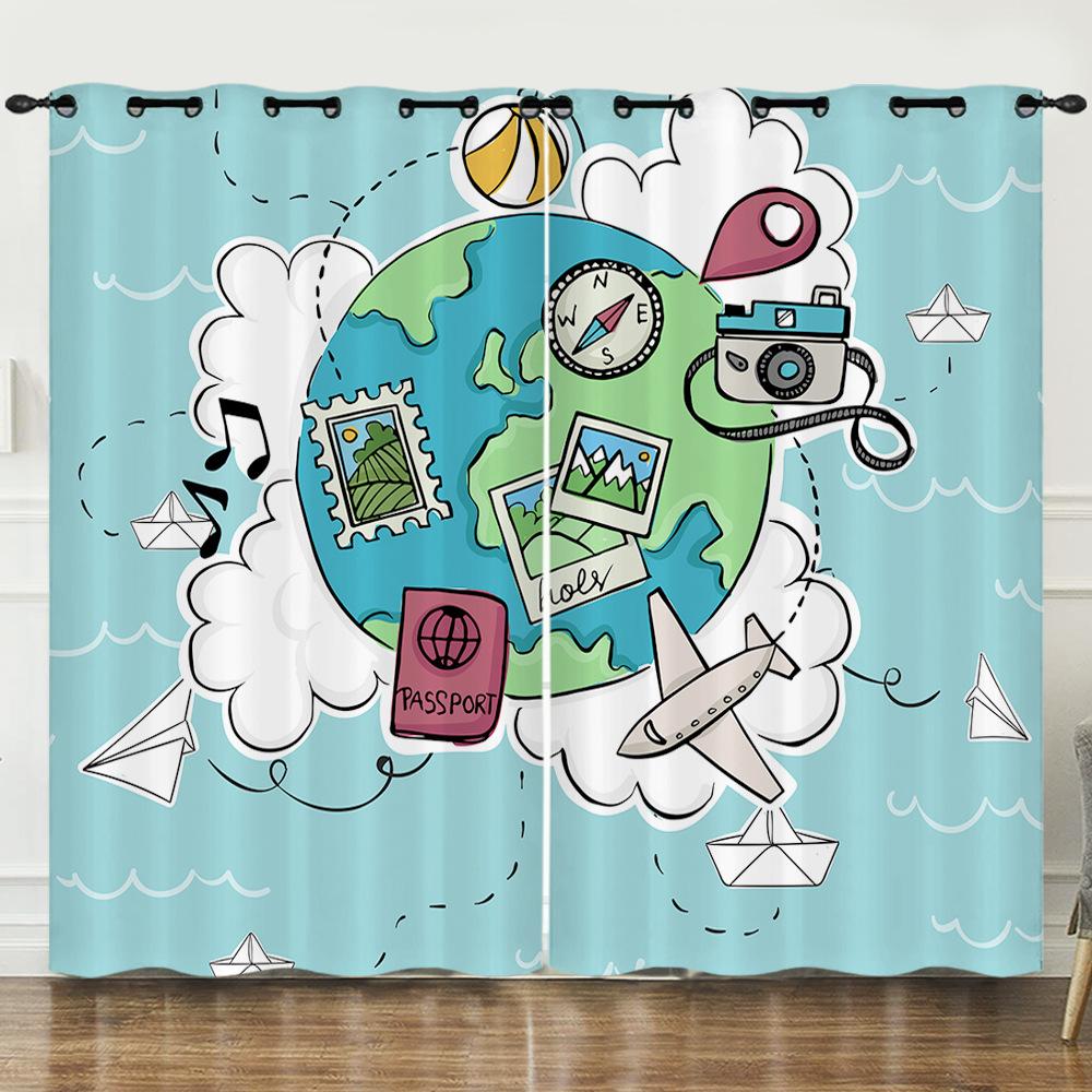 Curtain Hand-Drawn Map Simple Wind 3D Digital Printing Blackout Curtain Punching