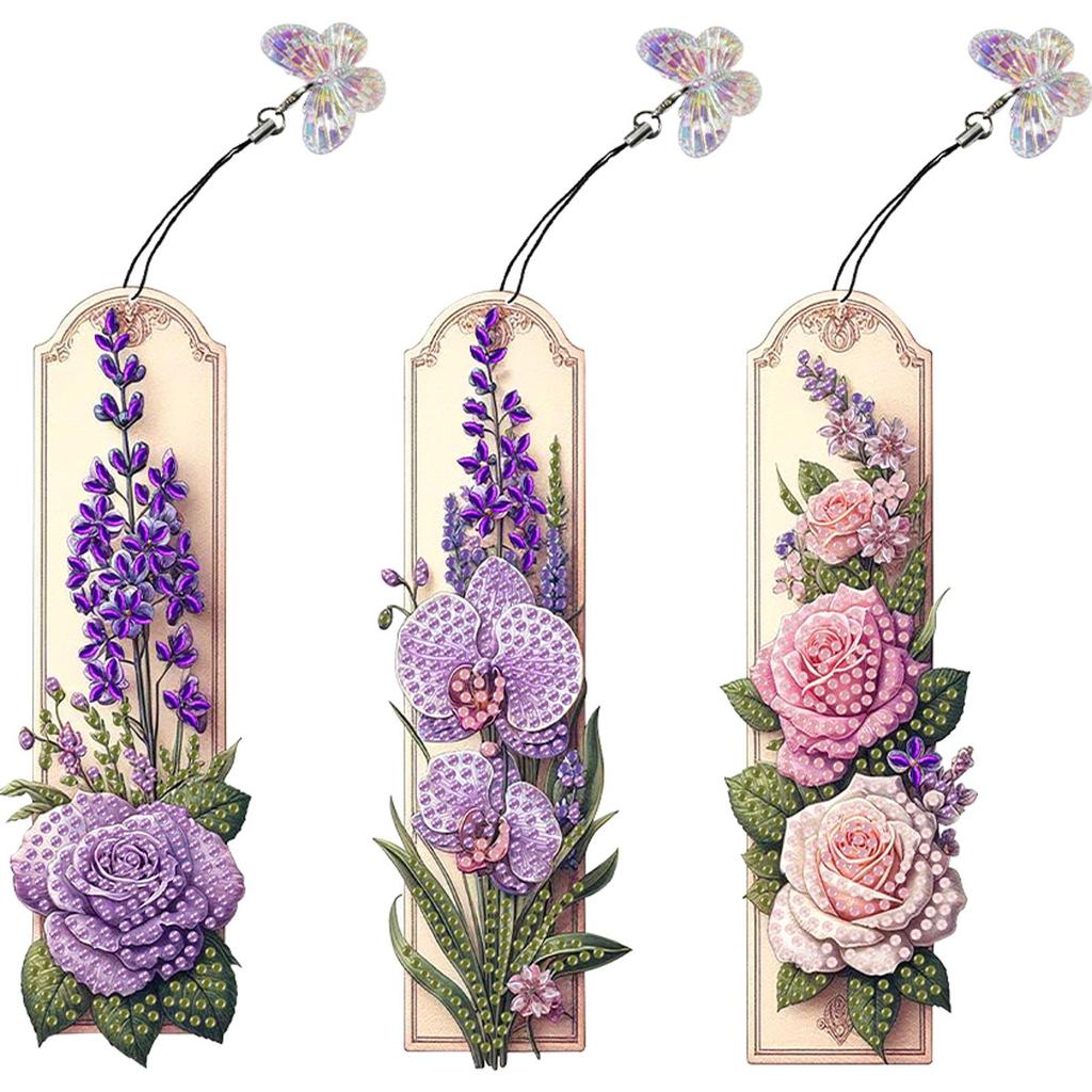 3Pcs Flower Themed DIY Diamond Bookmark Art Projects Diamond Art Bookmark Diamond Painting Art Bookmarks for Reading Enthusiasts