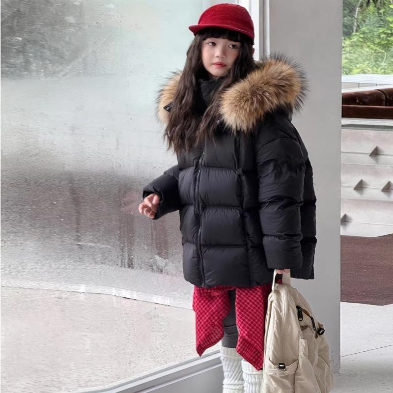 Children's Down Jacket Hooded Natural Fur Collar Winter Girls' Coat Warm White Duck Down Boys' Loose Fit Jacket
