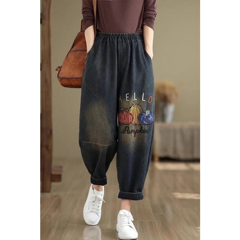 Dámské džíny s barevnou výšivkou Volné harémové kalhoty Elastické Plus size Retro džíny