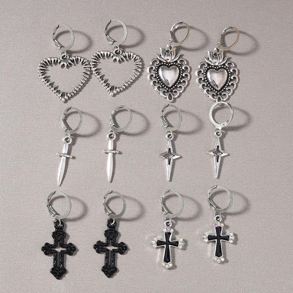 6pairs Gothic Cross Pendant Earrings for Women Men Love Heart Dangle Earrings Metal Punk Jewelry Gifts