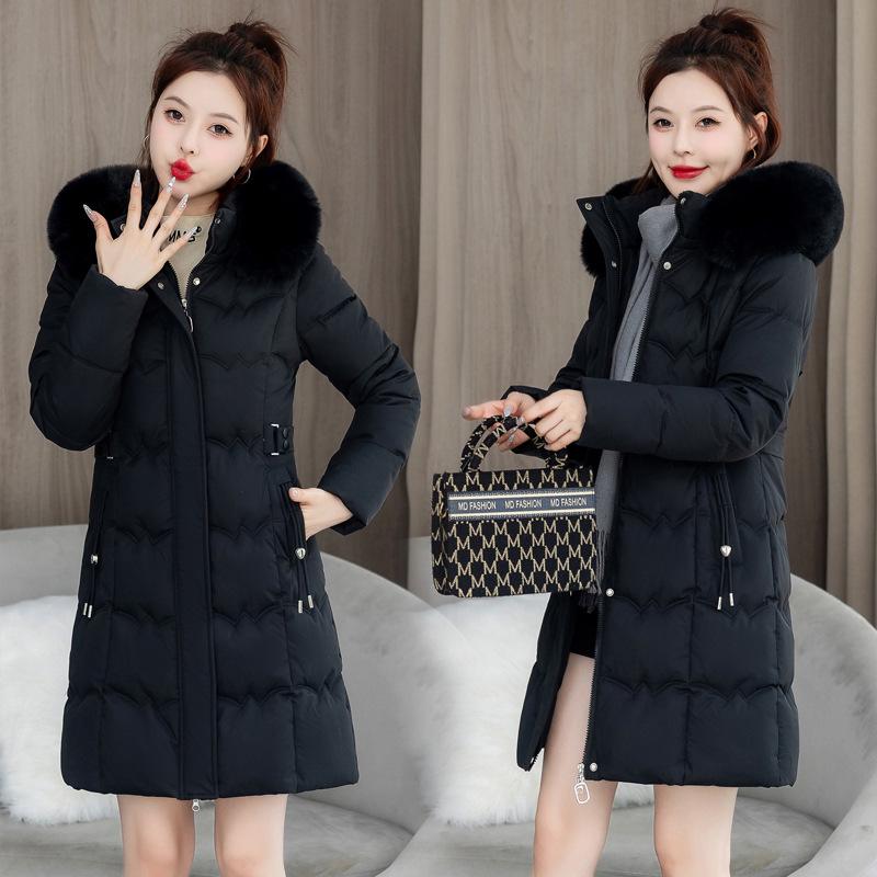 Women's Mid-Length Hooded Cotton Jacket with Large Fur Collar - Fashionable, Slimming Winter Outerwear with Waist Tie