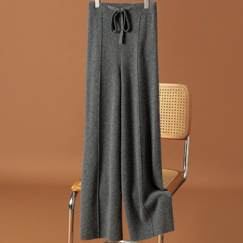 

Women s High-Waisted Pure Wool Wide-Leg Pants - Autumn/Winter Knit Cashmere, Drapey Casual Outerwear, Loose Fit with Center Seam. Extended серый