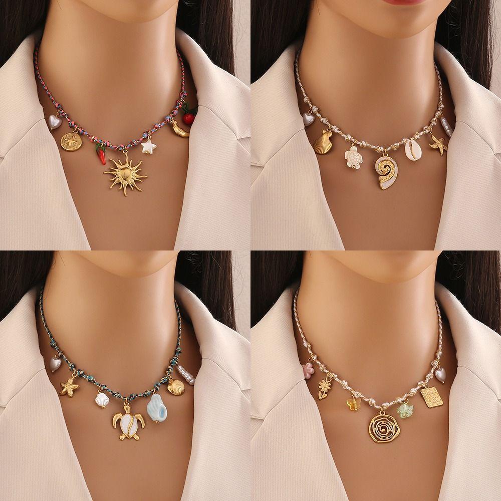 Knotting Rope Shell Pendant Necklace Ocean Series Clavicle Necklace Starfish Necklace  Summer