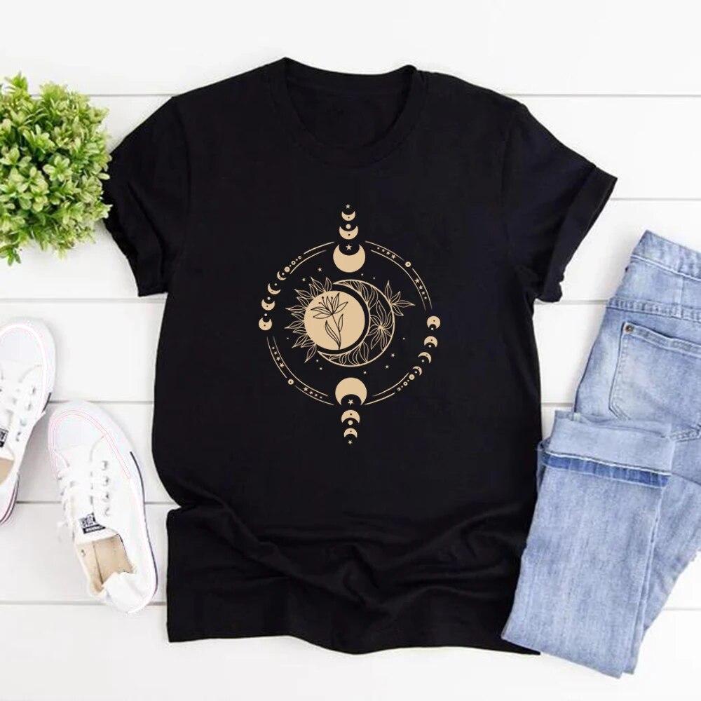 Mystischer Mond und Sonne T-Shirt Mystische Mondphase Shirt Damen T-Shirts Boho Vintage Mond T-Shirt Spirituelles T-Shirt Damen Kleidung